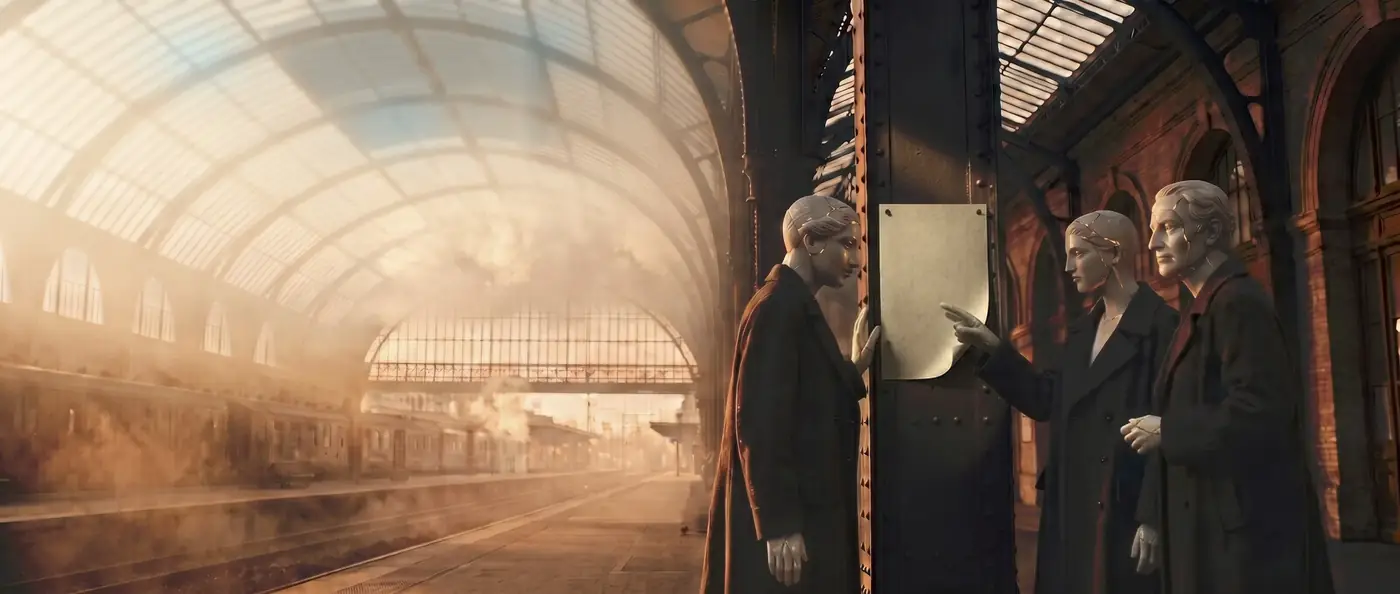 Three porcelain agents in coats under the iron arches of a station hall: one points at a single notice pinned to a pillar, and a train waits at the far platform.