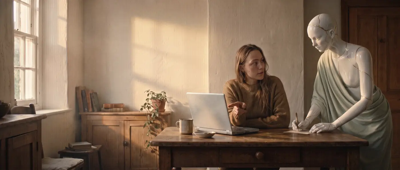 A woman at her kitchen table points at her old laptop while a porcelain agent writes the listing on a card.