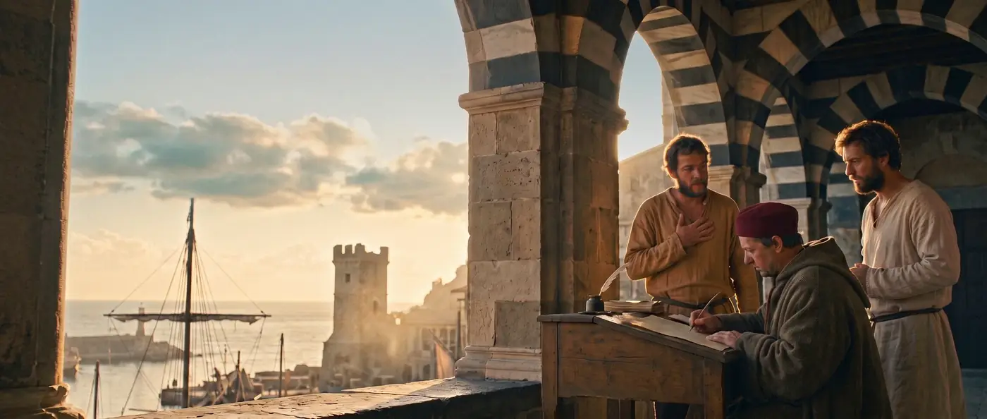 A loggia by the harbour in Genoa around 1300: a notary writes a contract at a sloped desk while two traders stand on either side.
